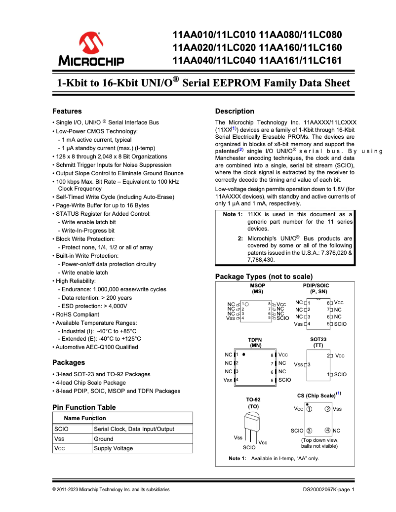 Page 1 de la notice Manuel utilisateur Microchip 11LC010