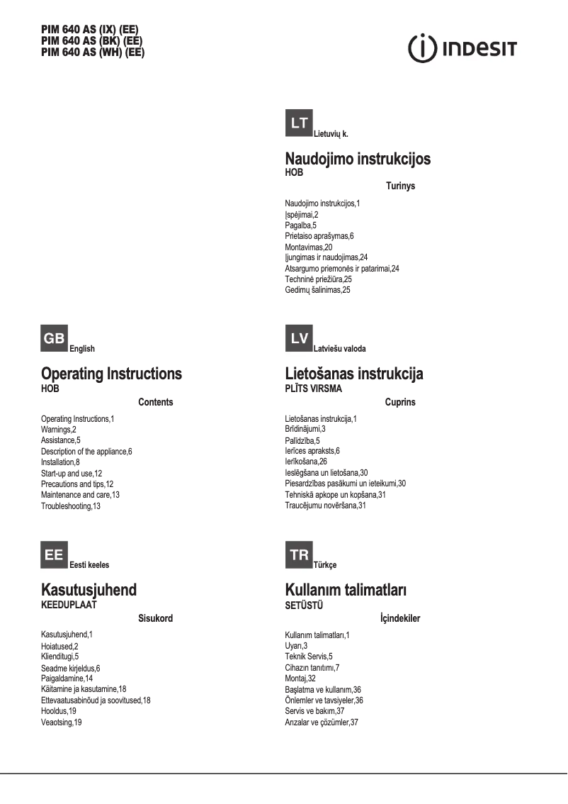 Page 1 de la notice Manuel utilisateur Indesit PIM 640 AS (BK) (EE)