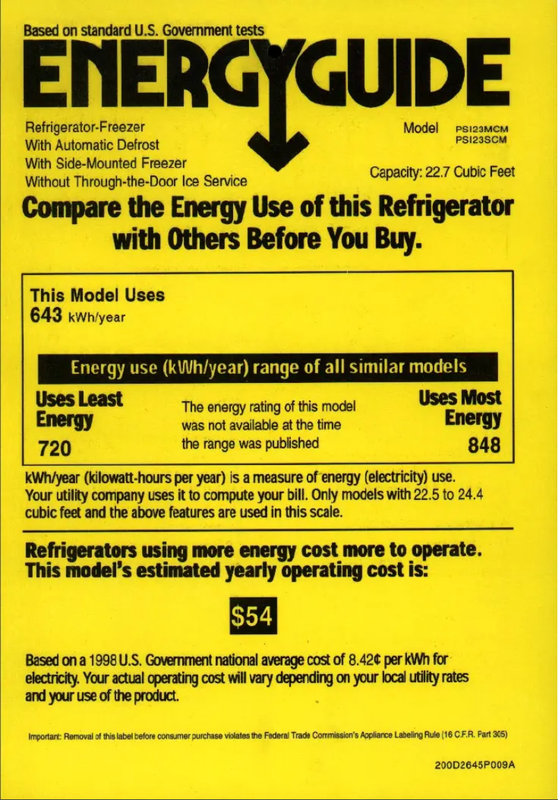 Page 1 de la notice Label énergétique GE PSI23MCMBB