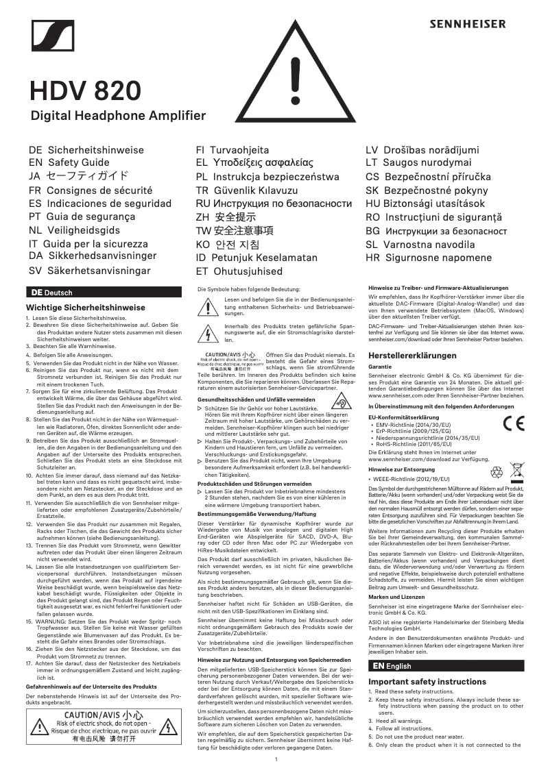 Page 1 de la notice Instructions de sécurité Sennheiser HD 820