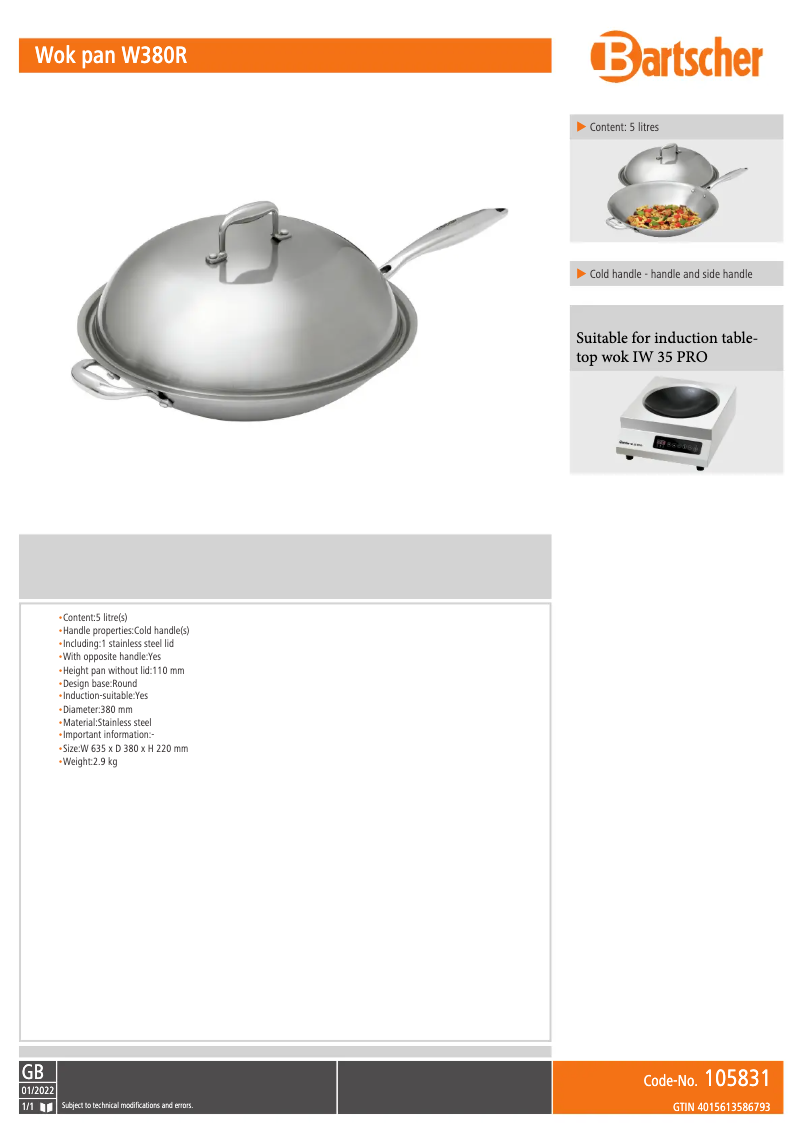 Page n°1 - Fiche technique Bartscher W380R