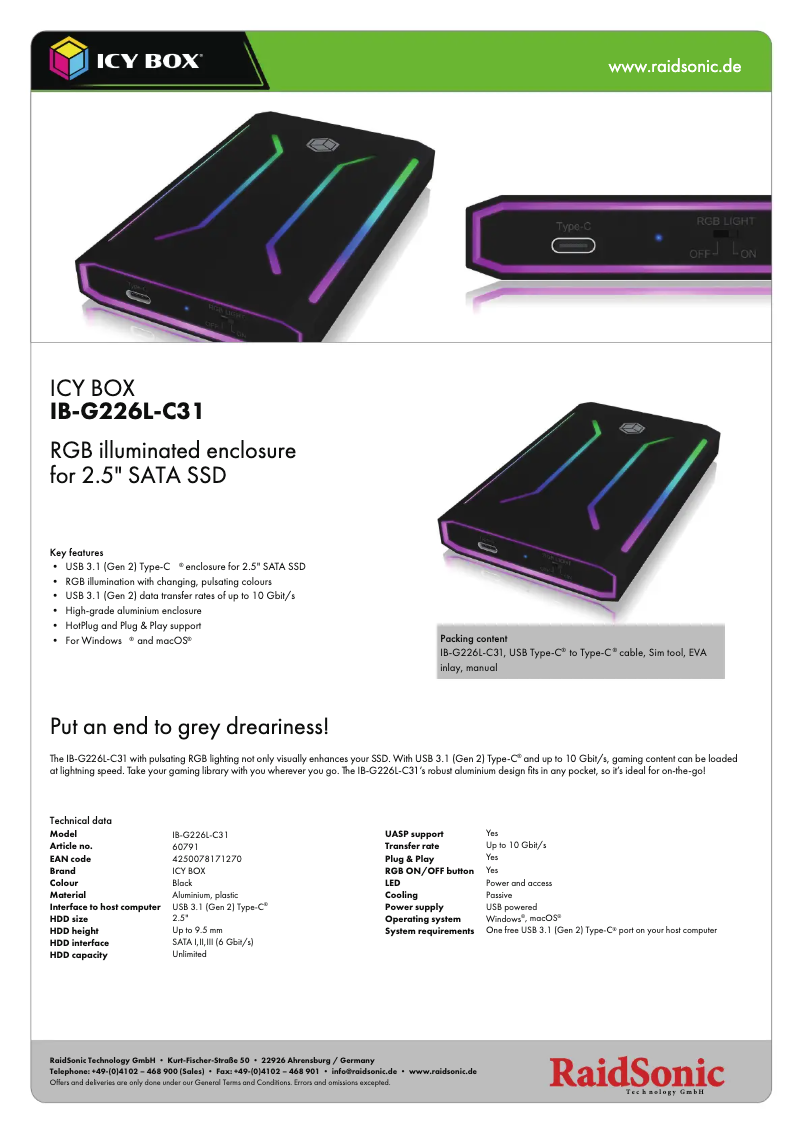 Page 1 de la notice Fiche technique Icy Box IB-G226L-C31