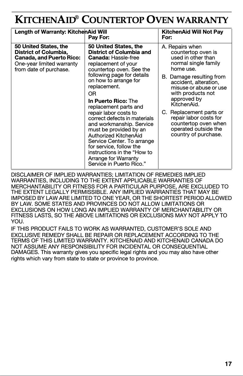 Page 1 de la notice Informations de garantie KitchenAid KCO222CS