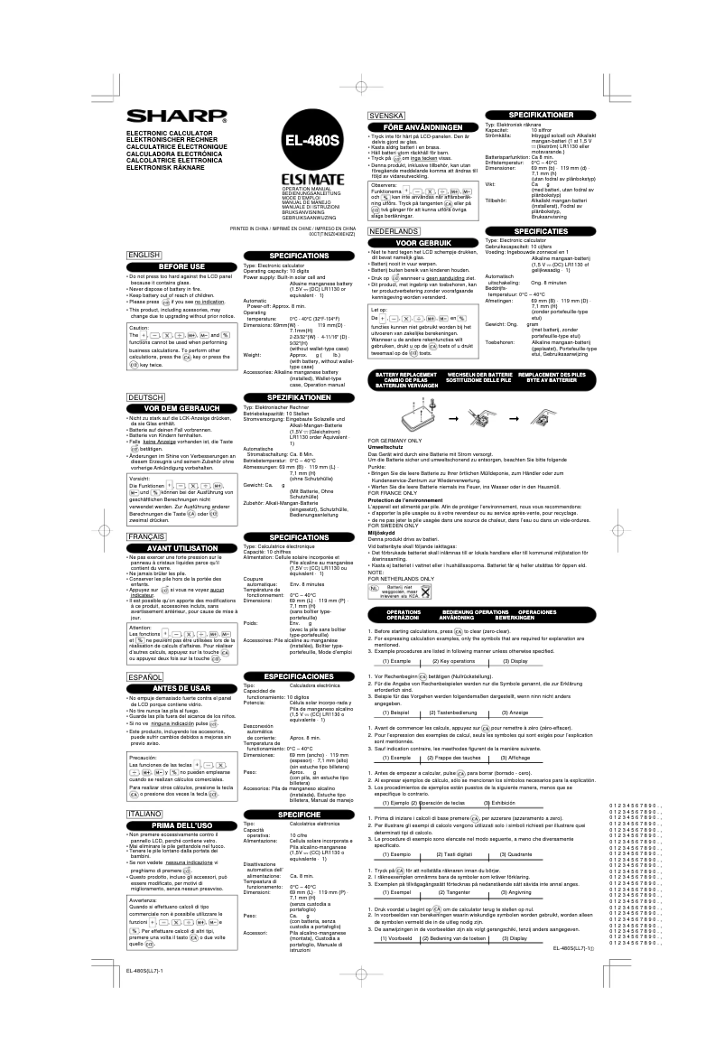 Page 1 de la notice Manuel utilisateur Sharp EL-480S