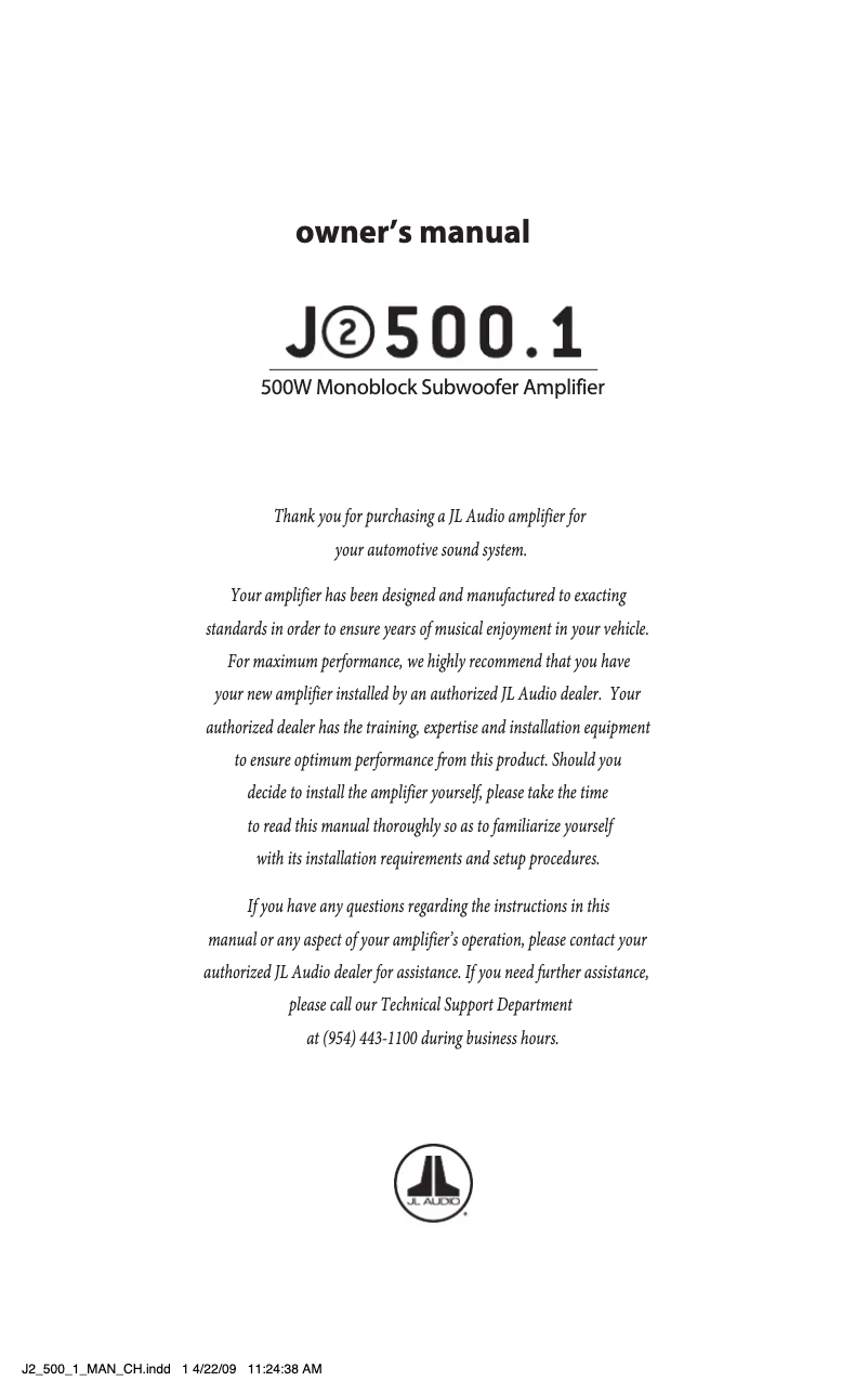 Page 1 de la notice Manuel utilisateur JL Audio J2 500.1
