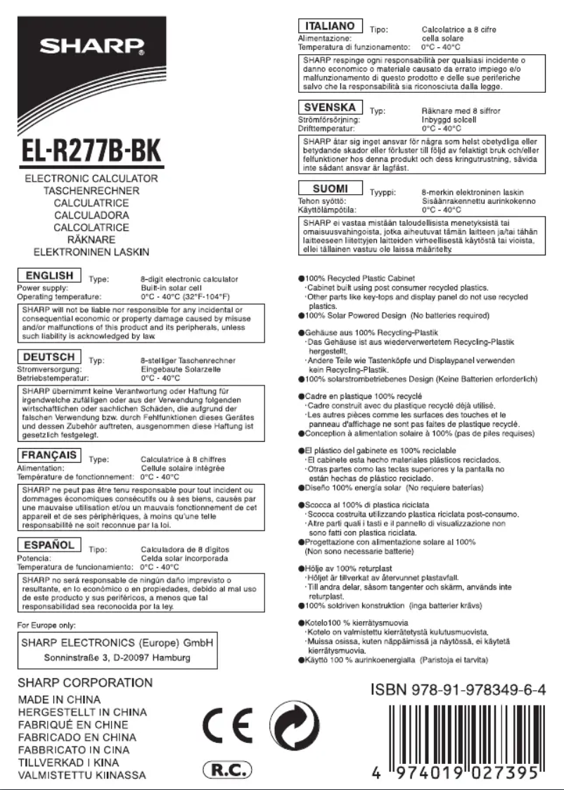Page n°1 - Manuel utilisateur Sharp EL-R277B-BK