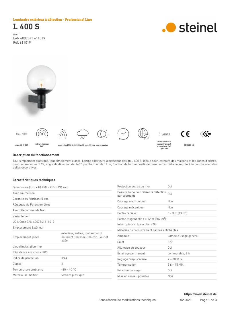 Page 1 de la notice Fiche technique Steinel L 400 S
