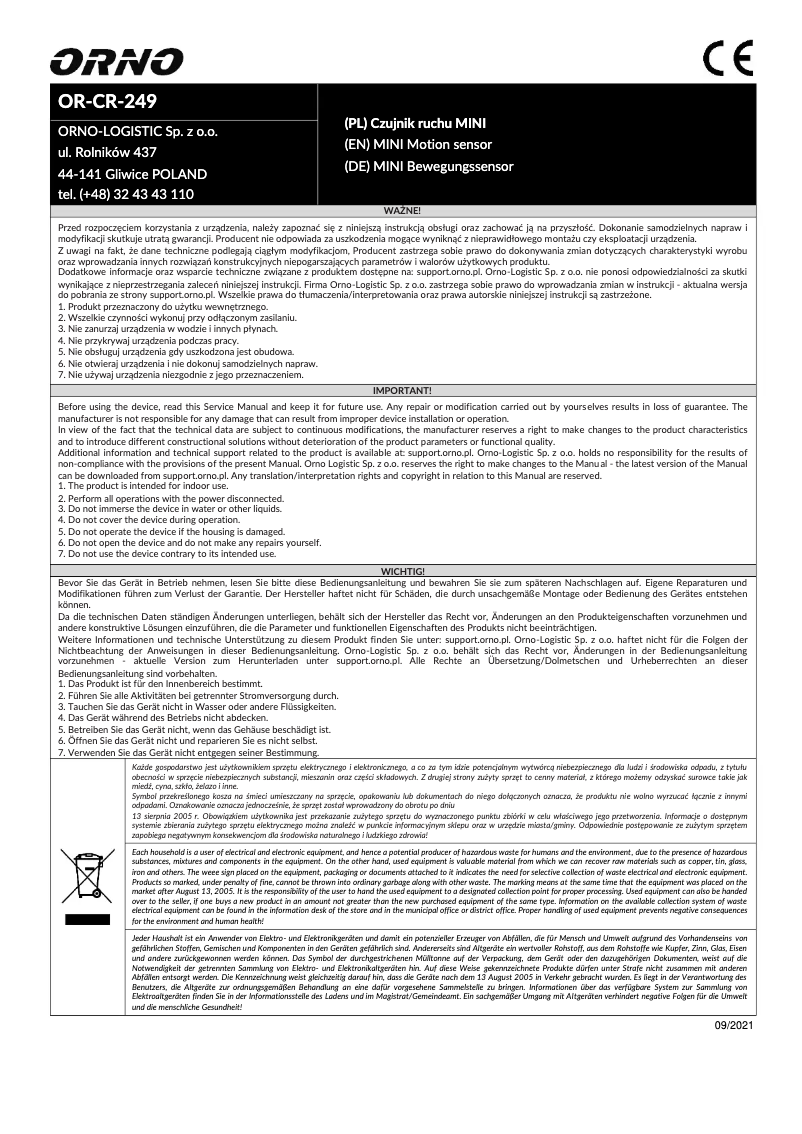 Imagen de la primera página del manual del dispositivo OR-CR-249