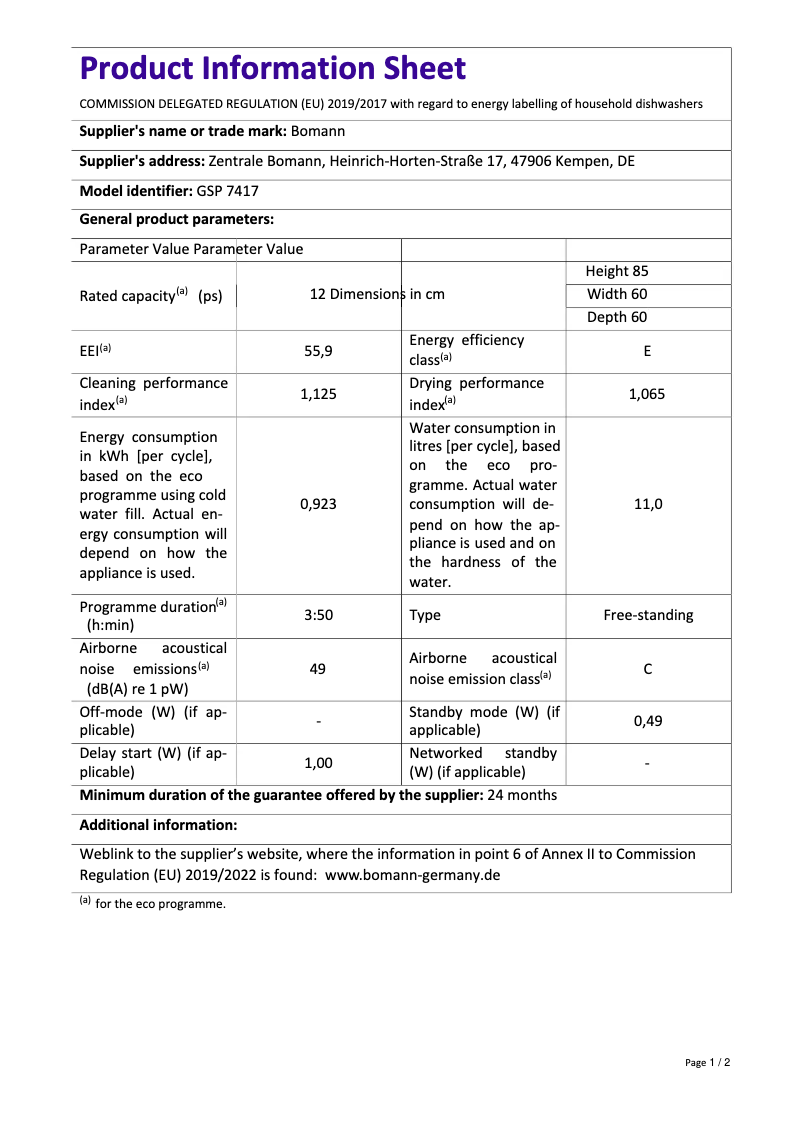 Page 1 de la notice Fiche technique Bomann GSP 7417