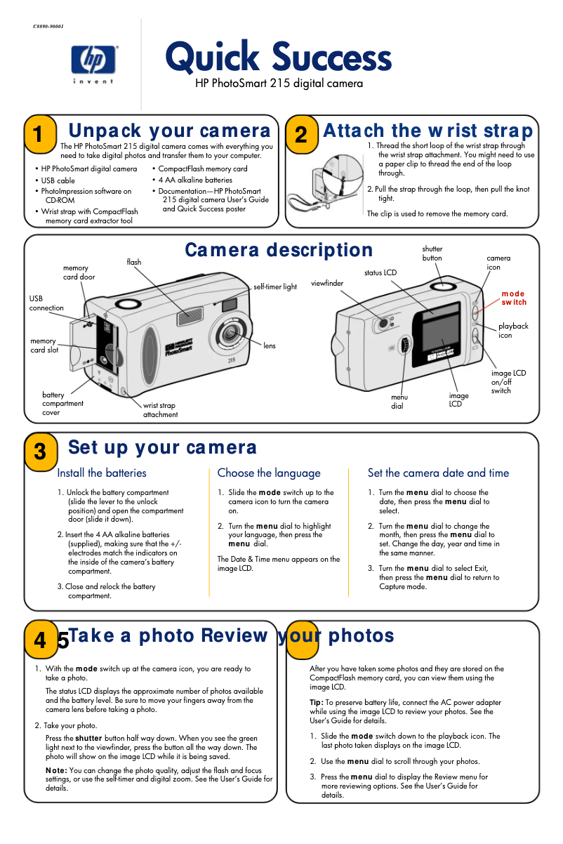 Page 1 de la notice Guide de démarrage rapide HP PhotoSmart 215