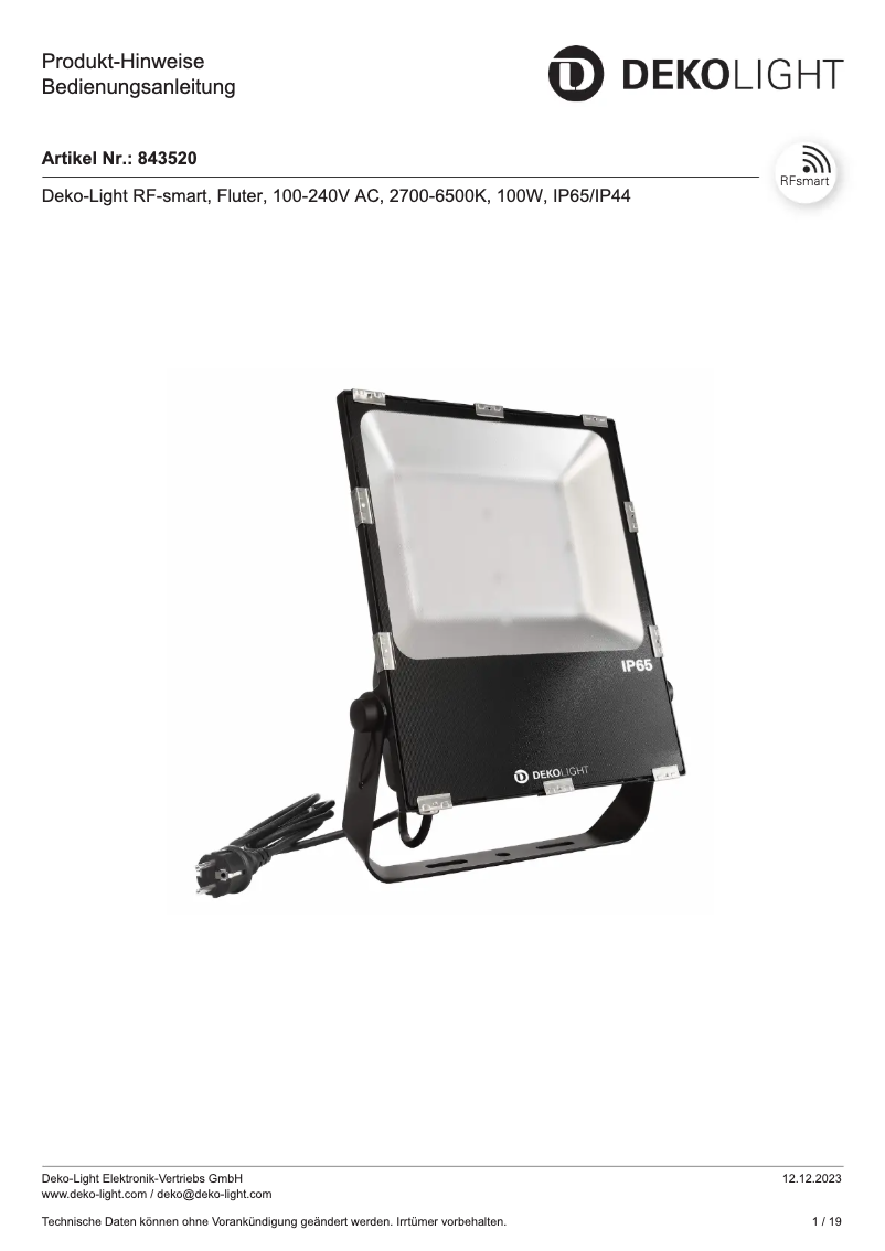 Page n°1 - Manuel utilisateur Deko-Light 843520