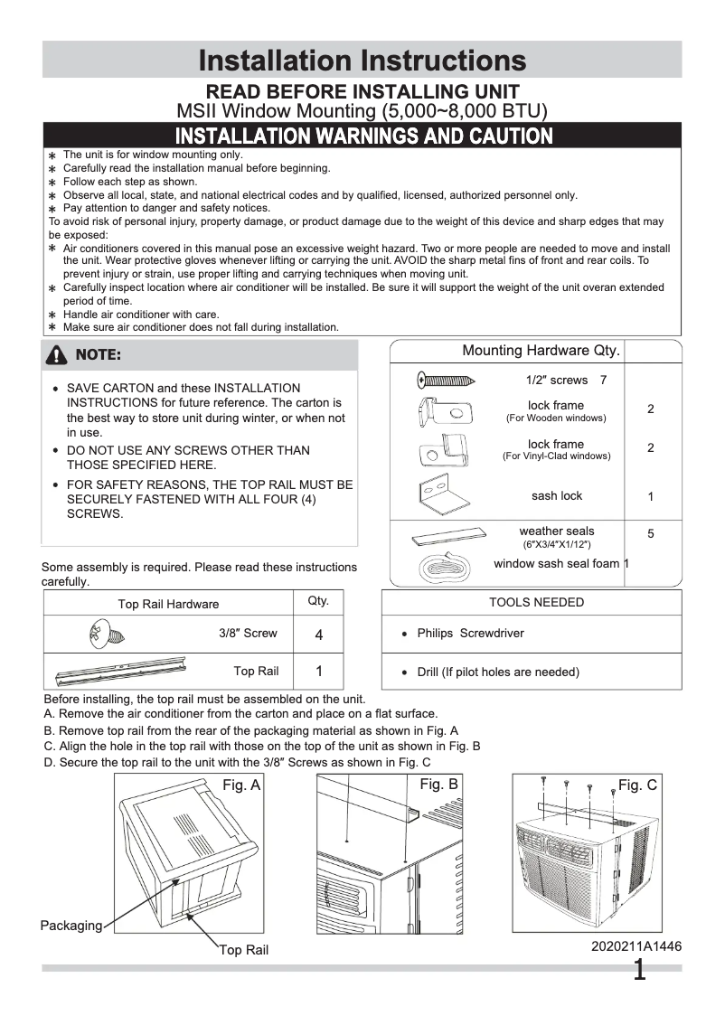 Page 1 de la notice Guide d'installation Frigidaire FRA064AT7