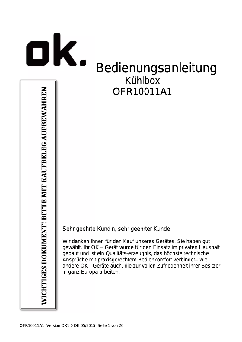 Page 1 of the manual User Manual OK OFR 10011 A1 Box