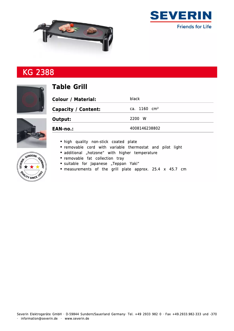 Page 1 de la notice Fiche technique Severin KG 2388