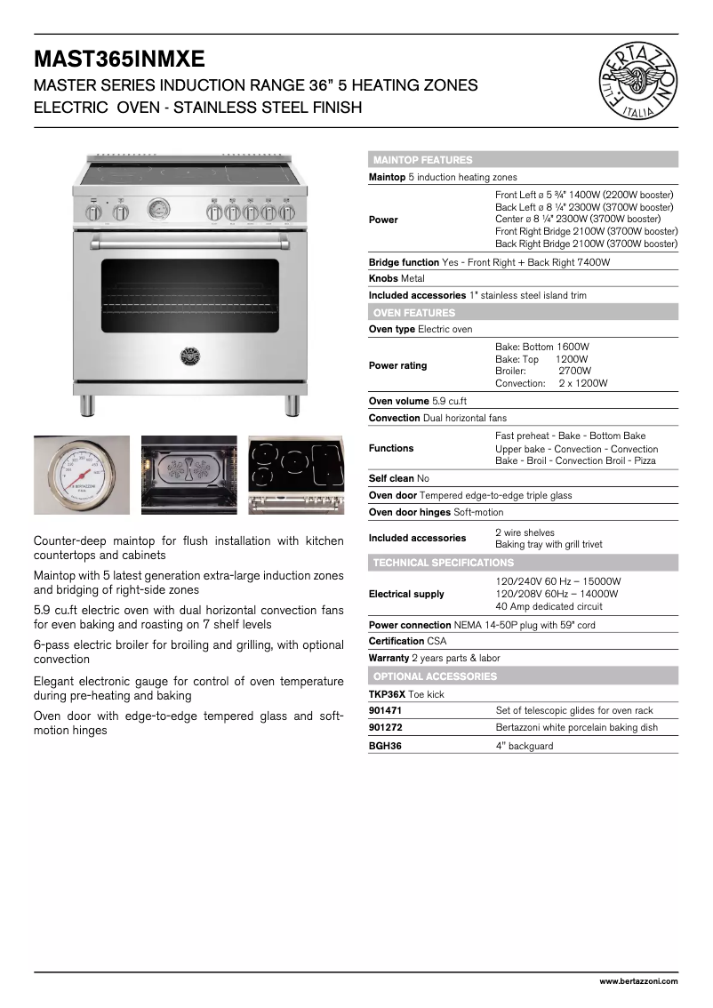 Page 1 de la notice Fiche technique Bertazzoni Master MAST365INSXT