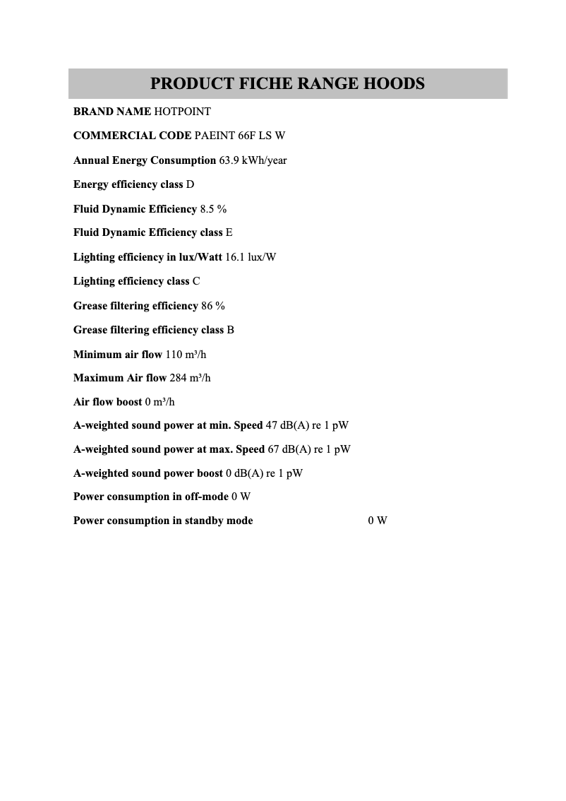 Page 1 de la notice Fiche technique Hotpoint PAEINT 66F LS W