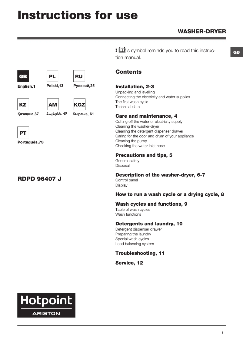 Page 1 de la notice Manuel utilisateur Hotpoint RDPD 96407 JD EU