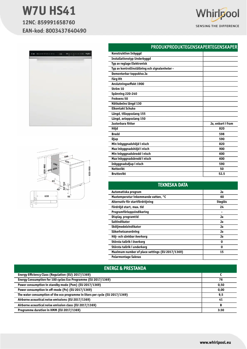 Page 1 de la notice Fiche technique Whirlpool W7U HS41