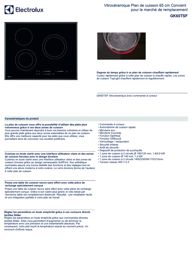 Page 1 de la notice Fiche technique Electrolux GK65TSF