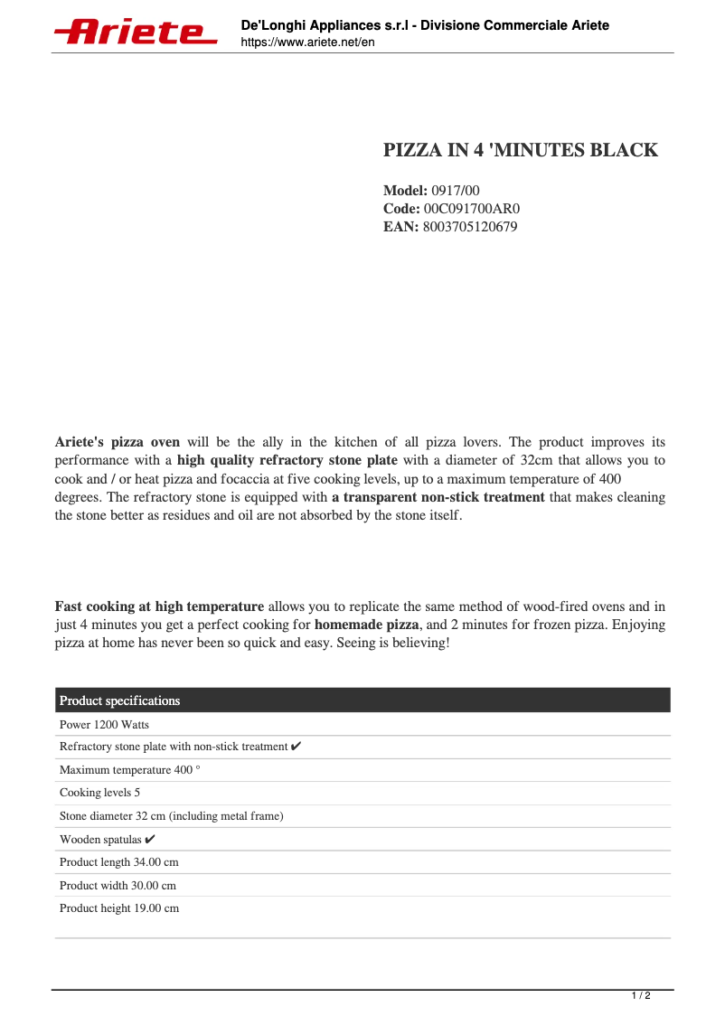 Page 1 of the manual Technical Sheet Ariete 0917