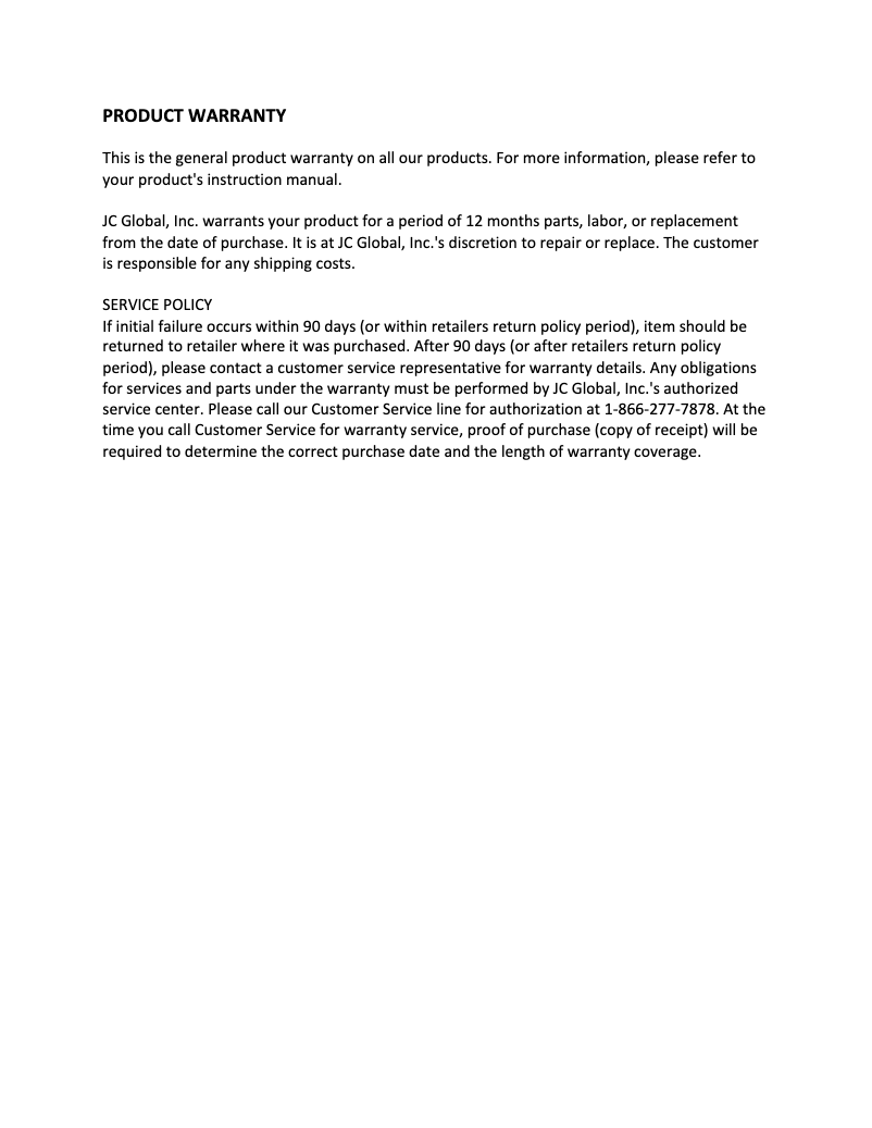 Página 1 del manual Información de garantía Ocean Breeze OBZ-06CR