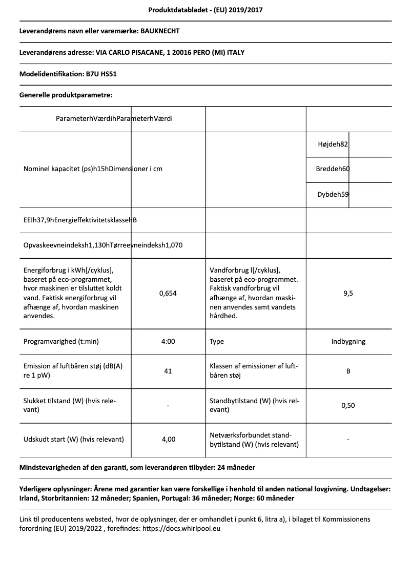 Page 1 de la notice Fiche technique Bauknecht B7U HS51