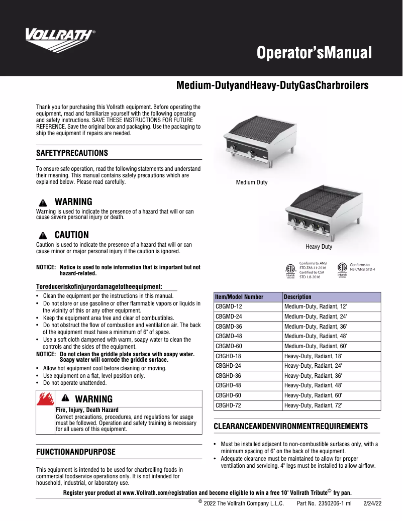 Page n°1 - Manuel utilisateur Vollrath COA7002