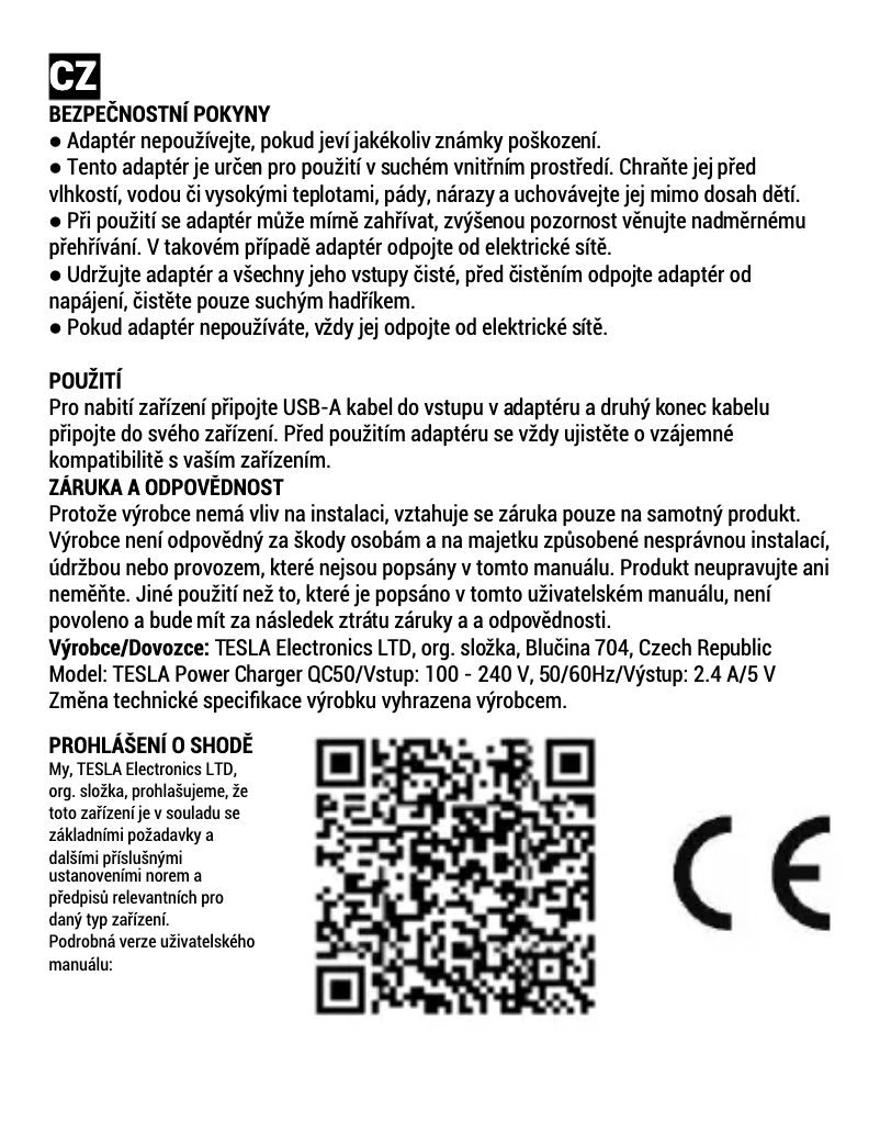 Page 1 de la notice Manuel utilisateur Tesla QC50