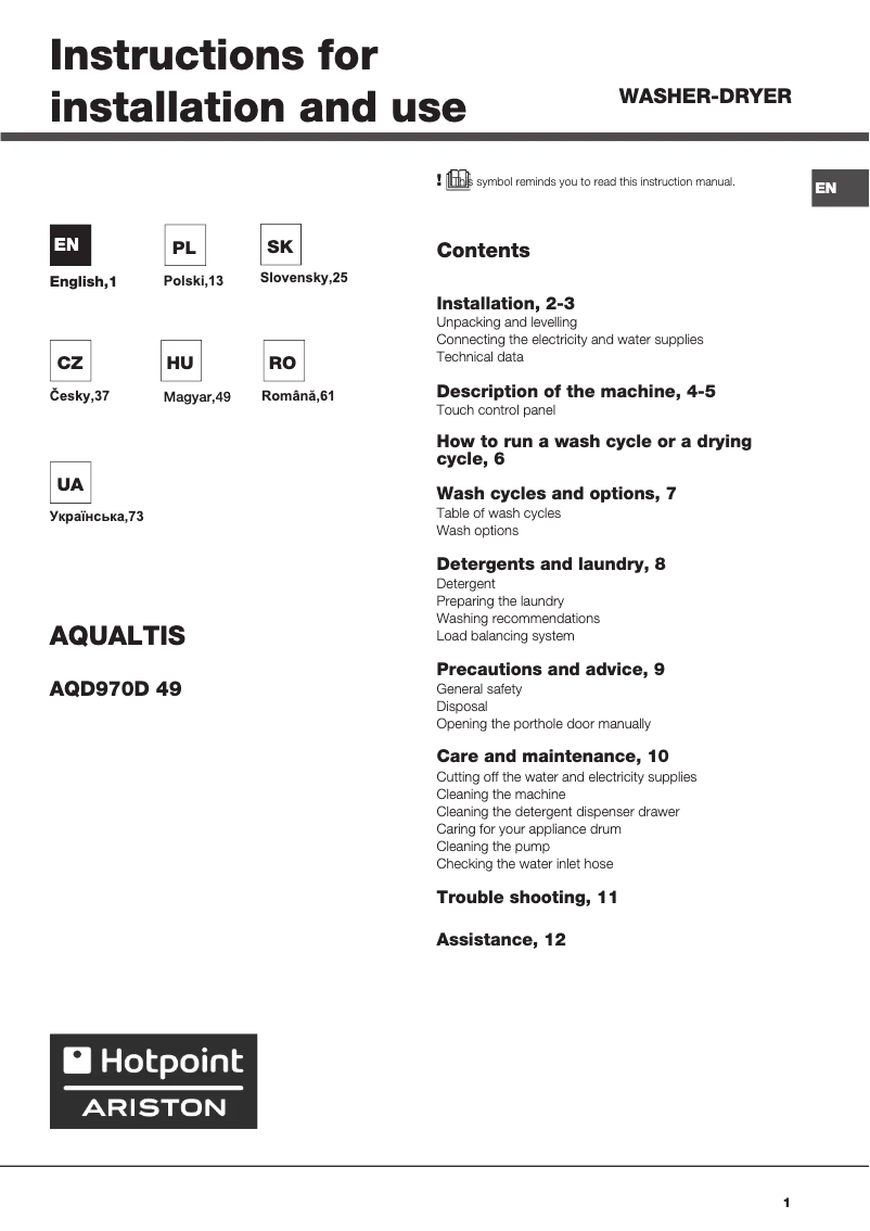 Page 1 de la notice Manuel utilisateur Hotpoint Ariston AQD970D 49 EU/B