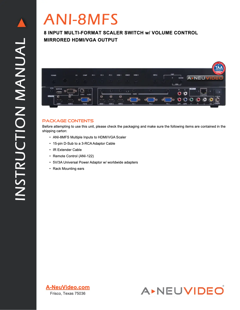 Page 1 de la notice Manuel utilisateur A-NeuVideo ANI-8MFS