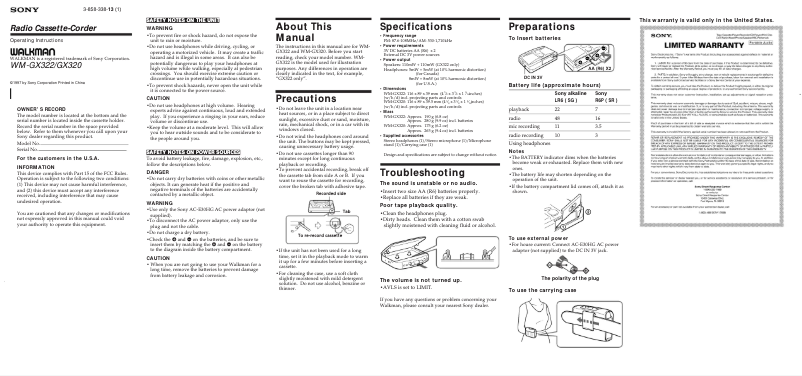 Page 1 de la notice Manuel utilisateur Sony Walkman WM-GX320