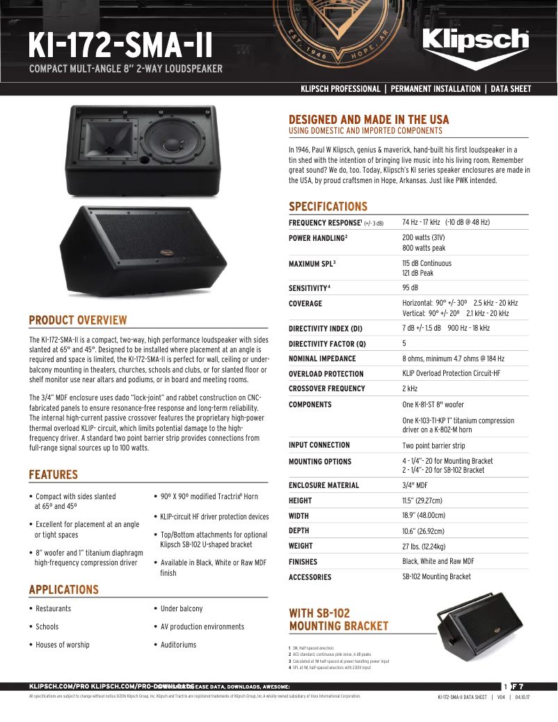 Page n°1 - Fiche technique Klipsch KI-172-SMA-II