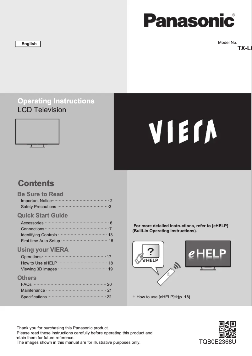 Page 1 de la notice Manuel utilisateur Panasonic Viera TX-L65WT600B