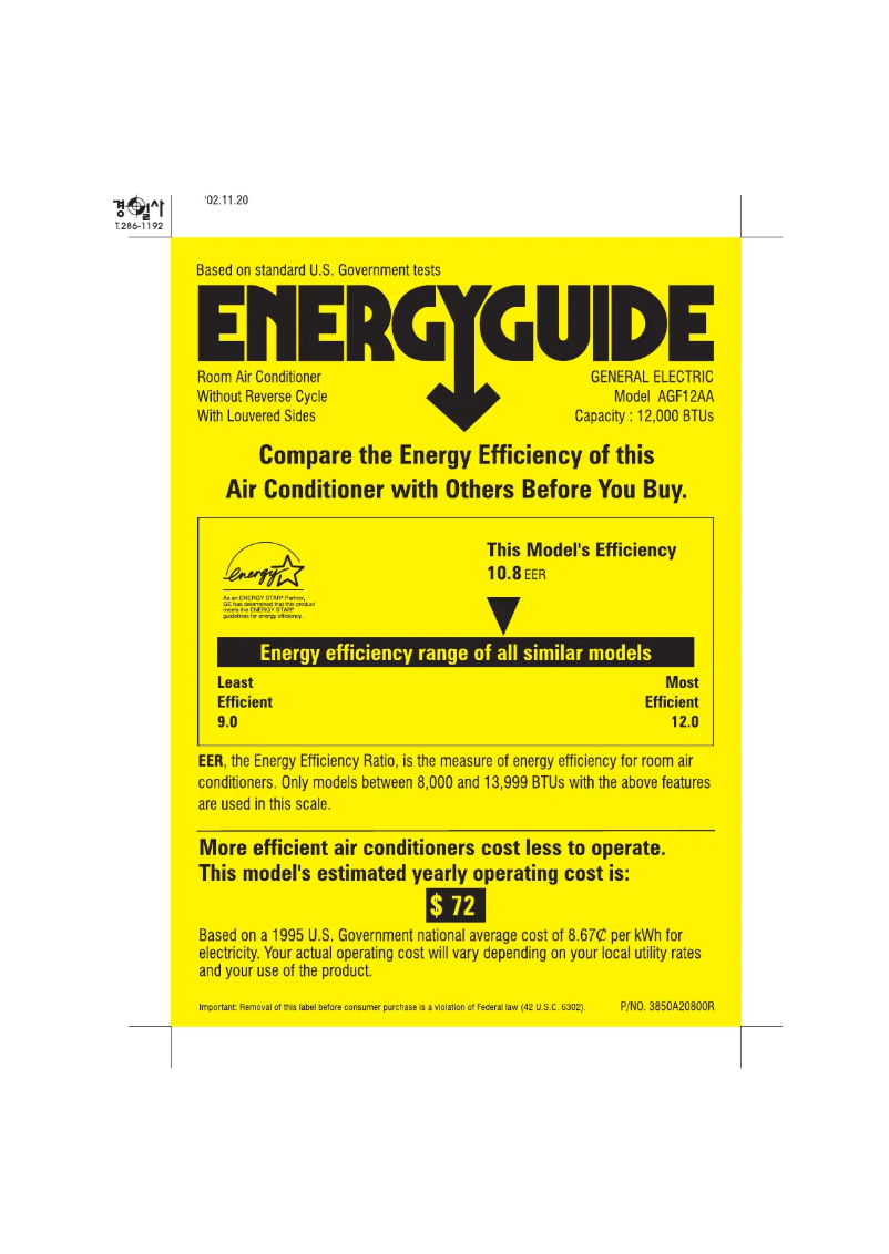 Page n°1 - Label énergétique GE AGF12AA