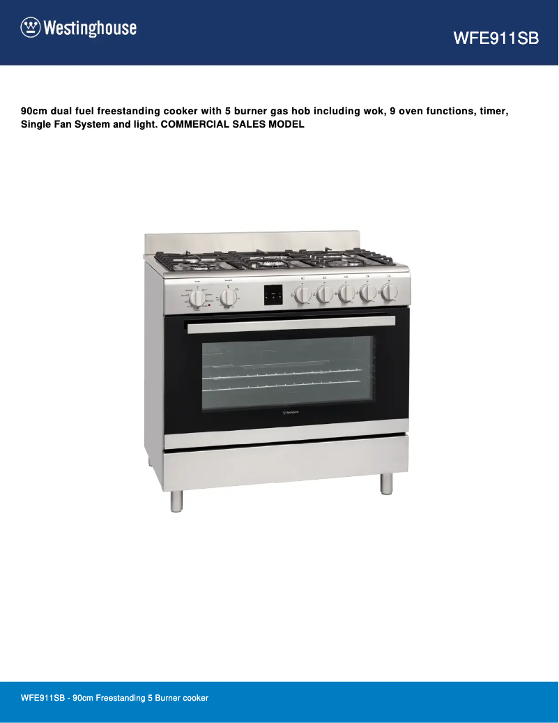 Page n°1 - Fiche technique Westinghouse WFE911SB