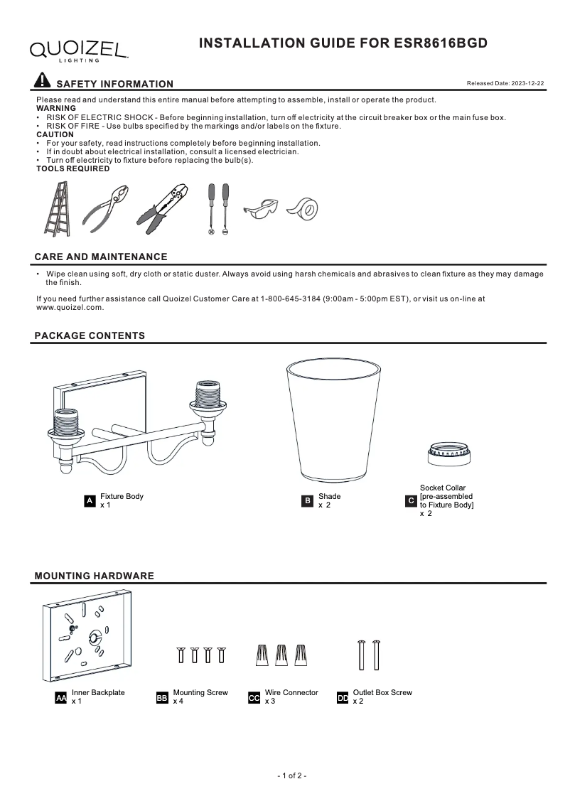 Page n°1 - Manuel utilisateur Quoizel Esther ESR8616BGD