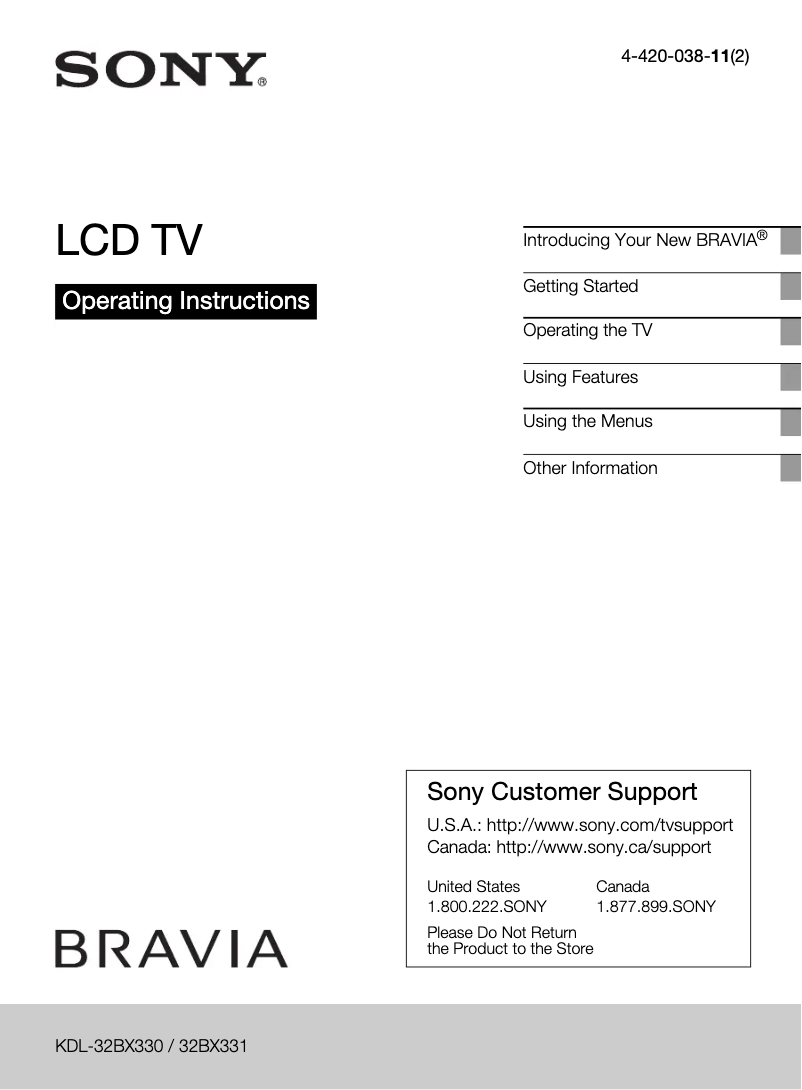 Page n°1 - Manuel utilisateur Sony Bravia KDL-32BX331
