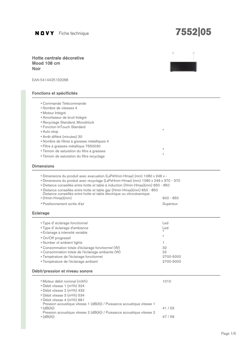 Page 1 de la notice Fiche technique Novy Mood 7552