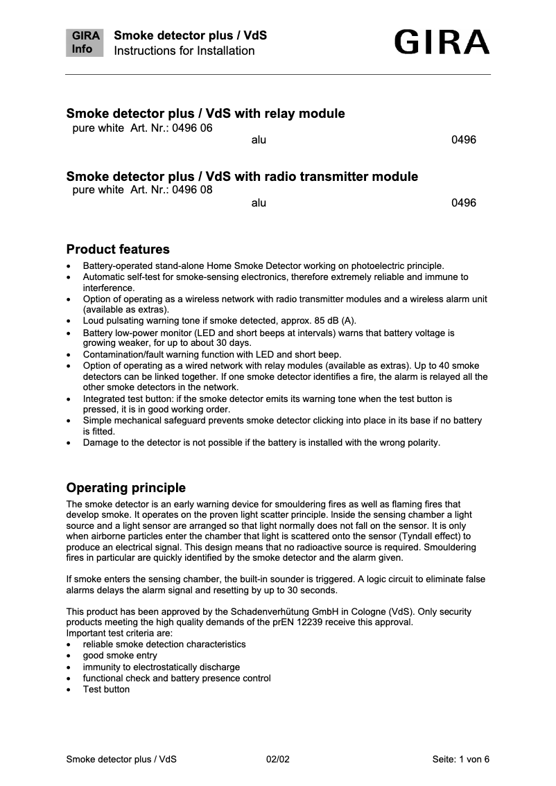 Page 1 de la notice Manuel utilisateur Gira 0496 06
