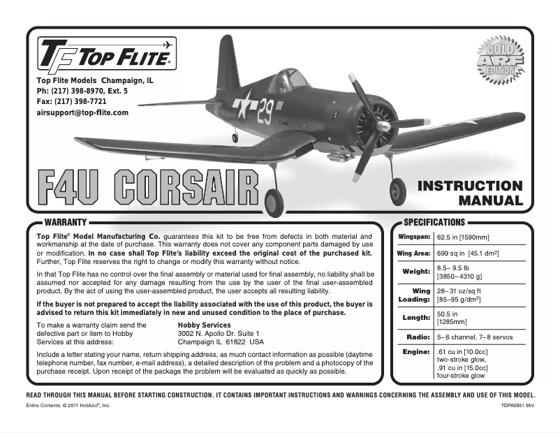 Image de la première page du manuel de l'appareil F4U Corsair