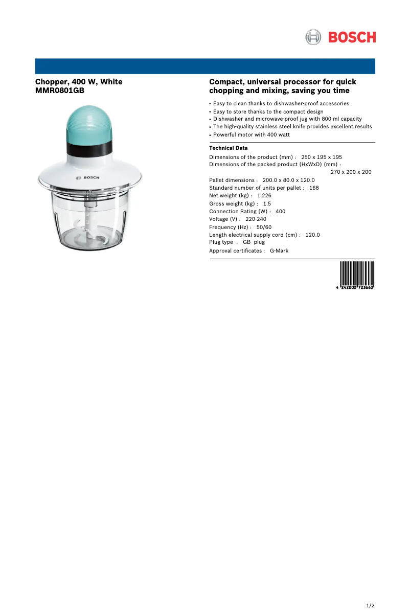 Page 1 de la notice Fiche technique Bosch MMR0801GB