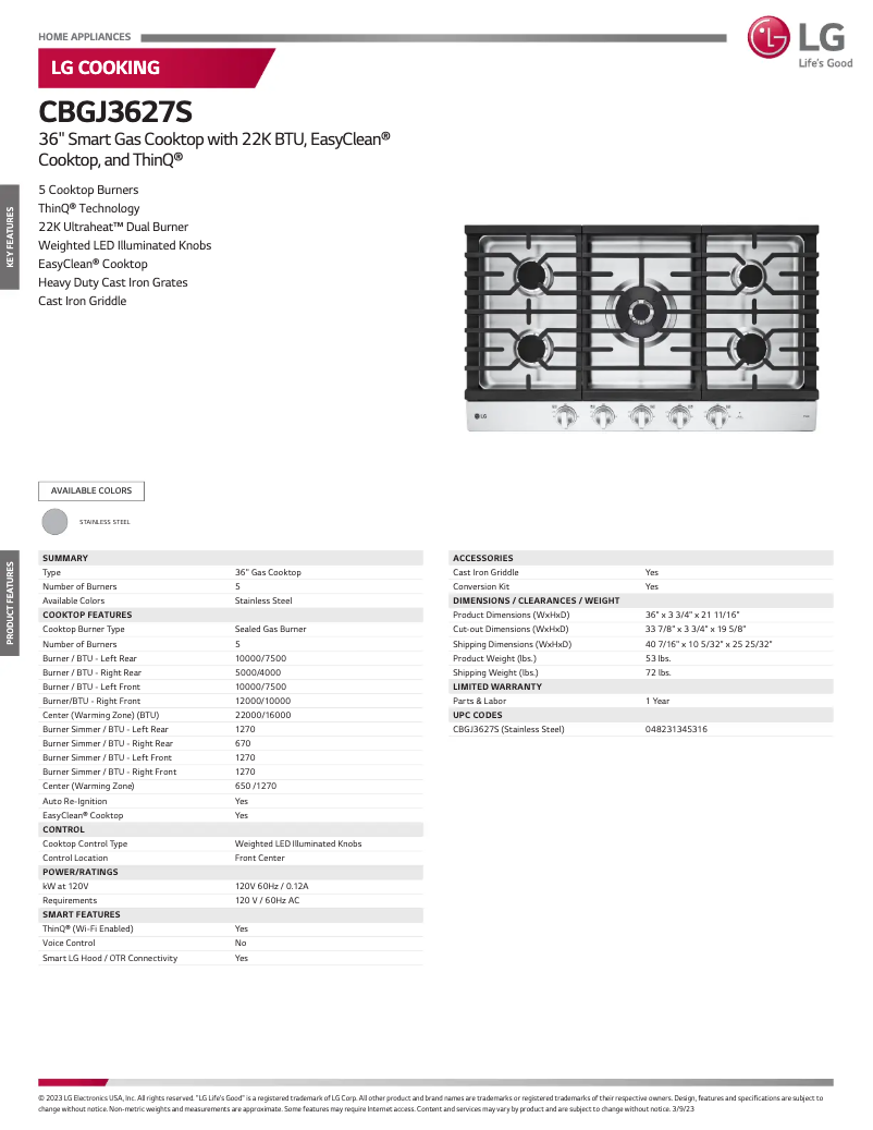 Page 1 of the manual Technical Sheet LG CBGJ3627S