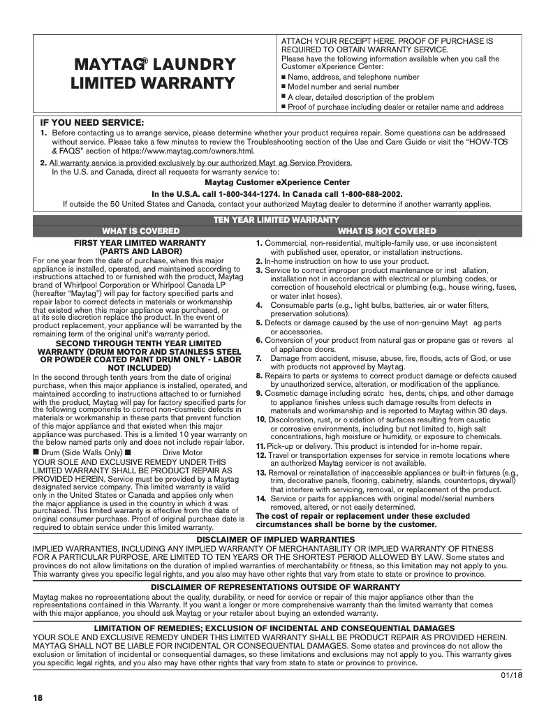 Page 1 de la notice Informations de garantie Maytag MED8630HC
