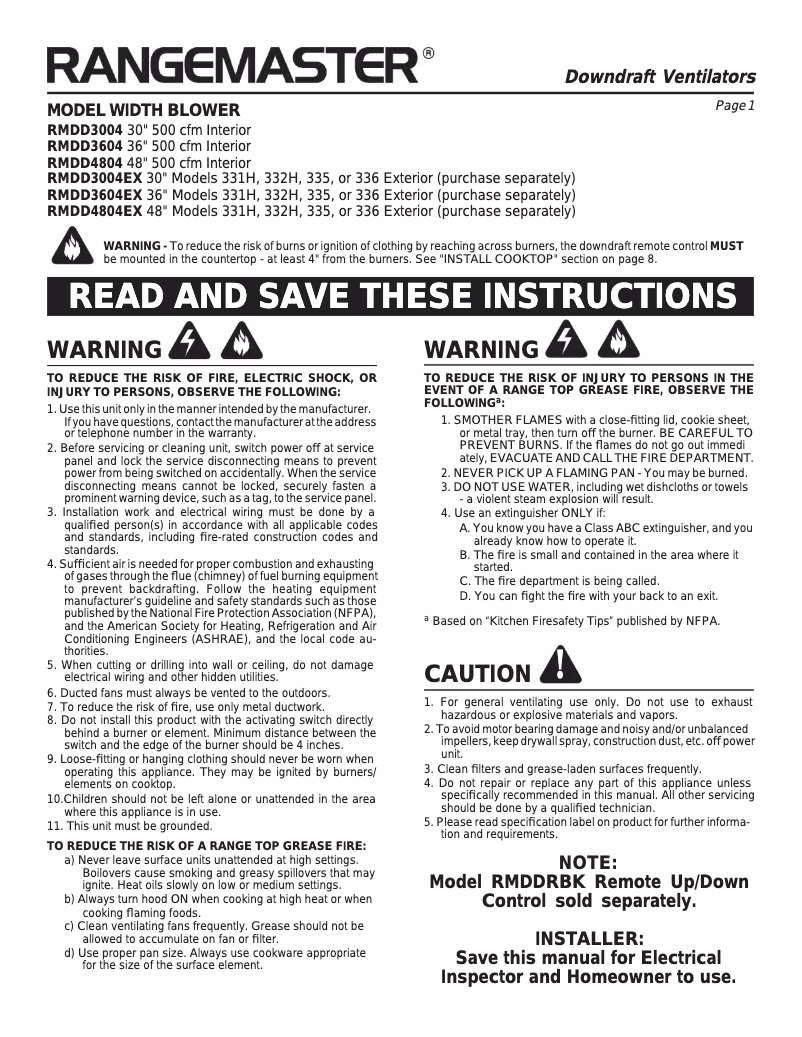 Page 1 de la notice Guide d'installation Broan RMDD3604EX