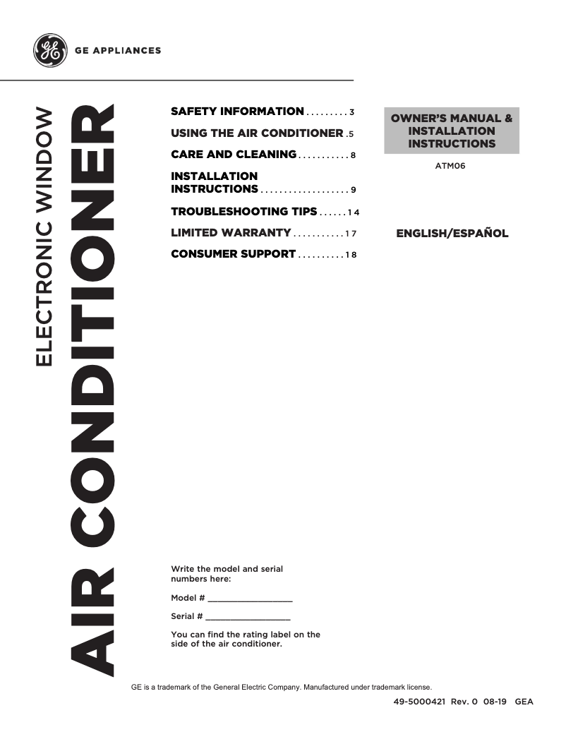 Page n°1 - Manuel d'utilisation et d'entretien GE ATM06LZ