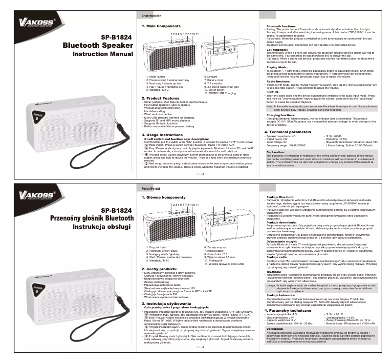 Page n°1 - Manuel utilisateur Vakoss SP-B1824WH