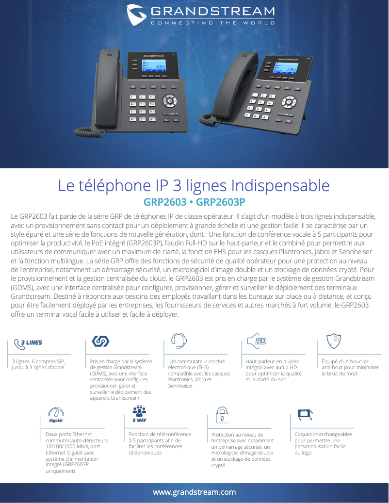 Page 1 de la notice Fiche technique Grandstream GRP2603