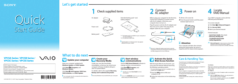 Page n°1 - Guide d'installation Sony Vaio VPCSE27FX