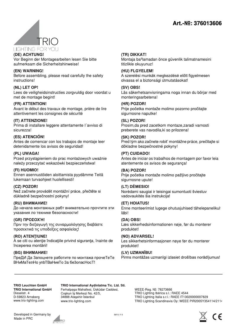 Page 1 de la notice Manuel utilisateur Trio Lighting Saturn 376013606