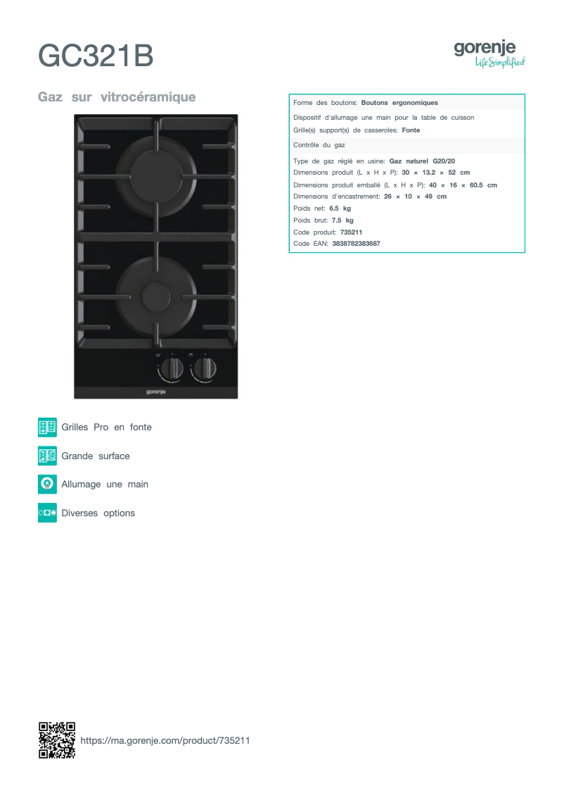 Page 1 de la notice Fiche technique Gorenje GC321B
